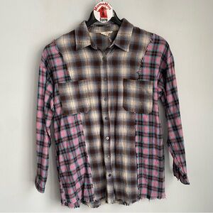 Entro Mixed Plaid Flannel Button Down Shirt Top Size S Long Sleeve Raw Frayed